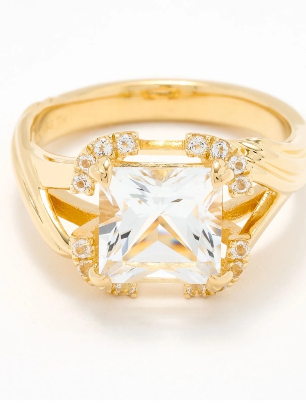 White Topaz Sterling Silver Gold Plated Princess Cut Clear Stone Halo Ring